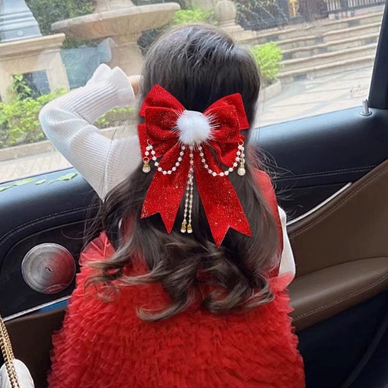Christmas Hair Bow Clip Red Velvet Bowknot, Red Glitter Hair Bows with Plush Ball, Design Stylish Hairs Bows Girls Women, For Christmas,Valentine's Day New Year Hairs Decorations - Image 4
